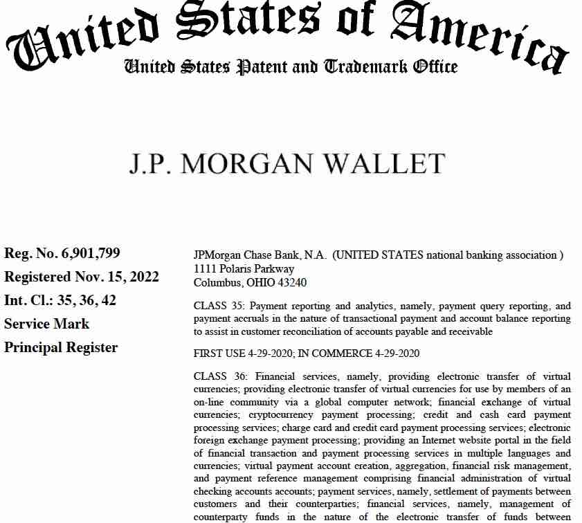JP Morgan Crypto Wallet Trademark